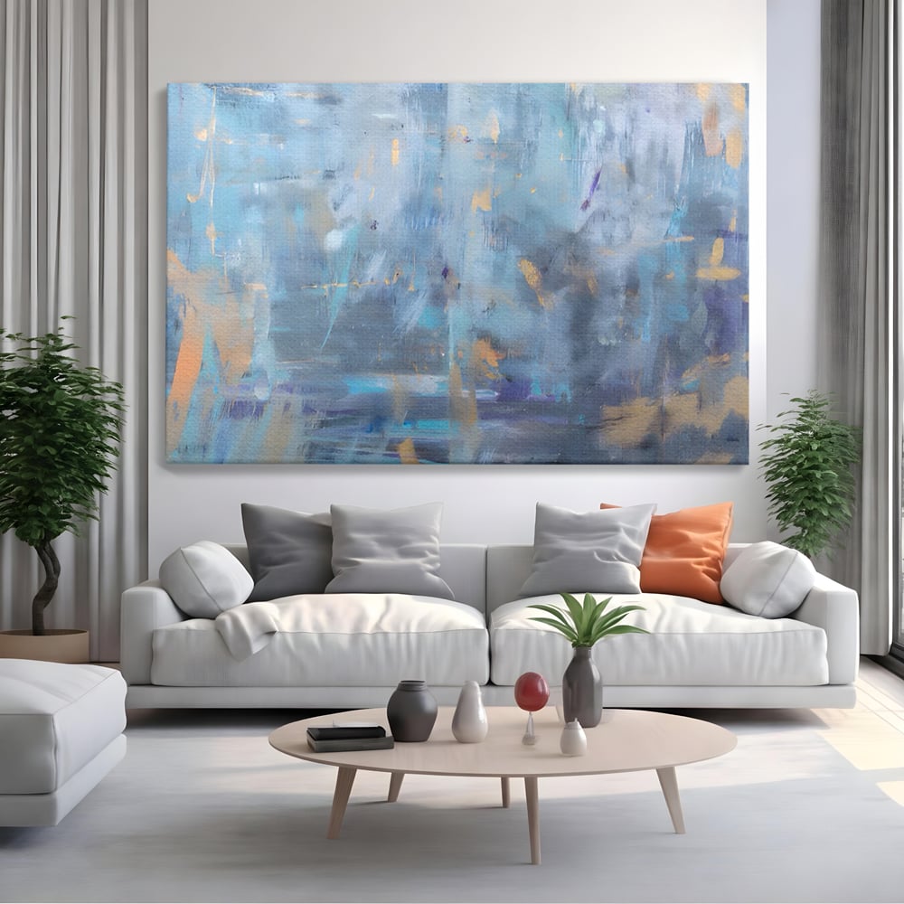 Tablou canvas cu pictura abstracta cu pete aurii si albastre, fara rama, pe sasiu de lemn, pe perete intr-un living